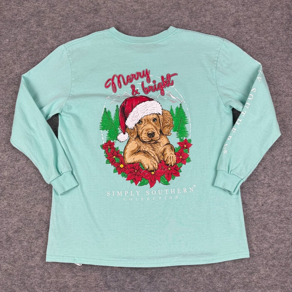 Simply Southern Christmas Dog Merry & Bright T-Shirt Blue Girls Medium M